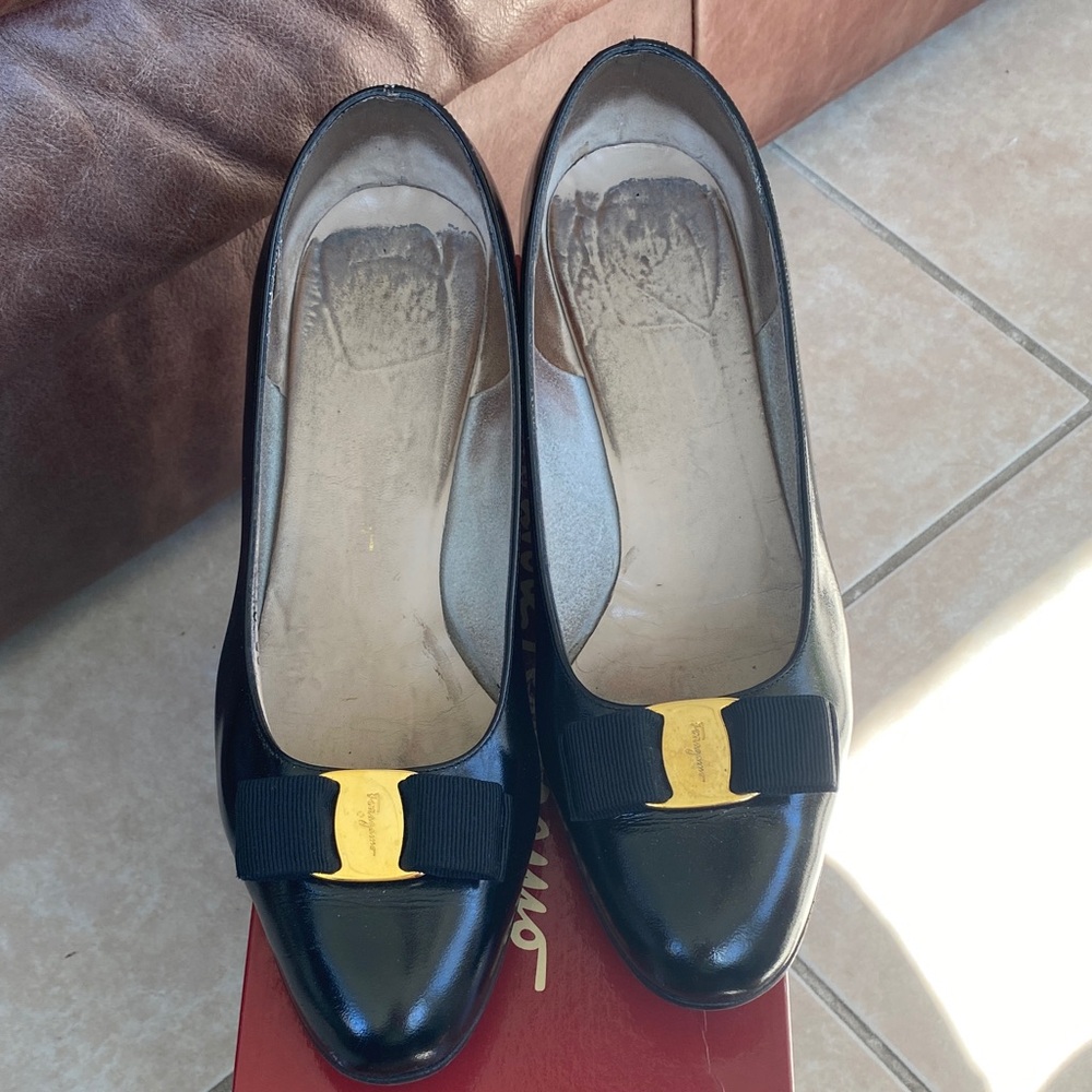 Salvatore Ferragamo Black Flats with Gold Detail
